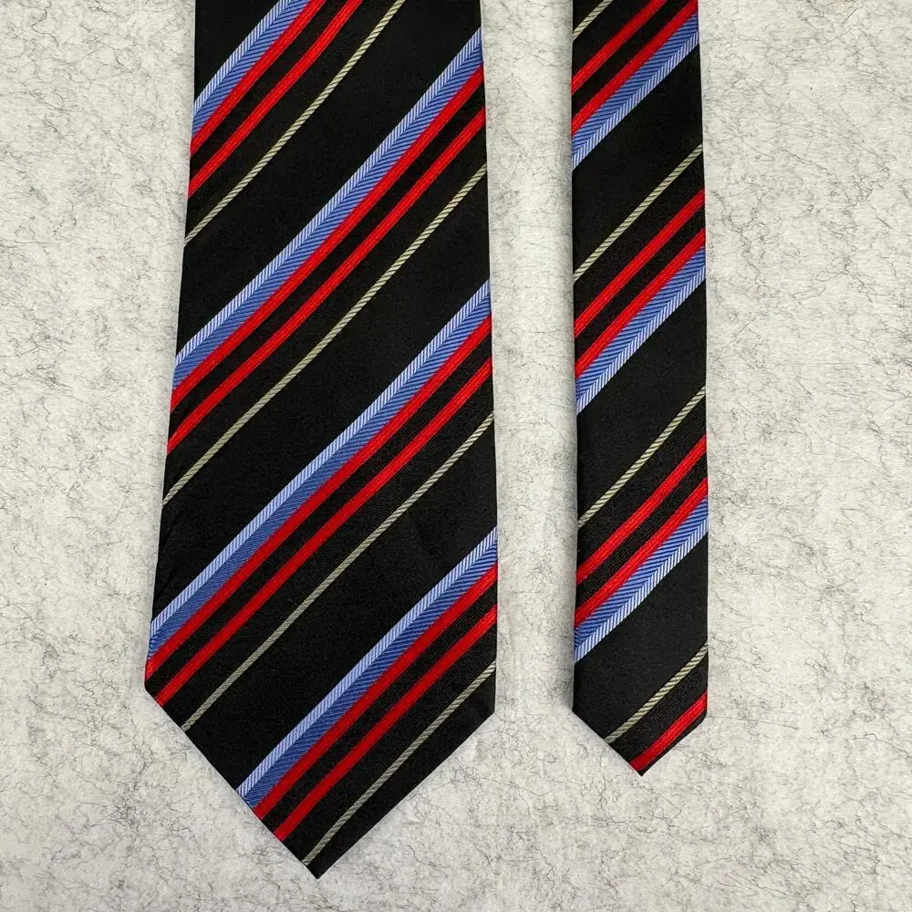 Dona Black Silk Striped Men's Tie Hand Made Diagonal Red Blue Gold NWT 58